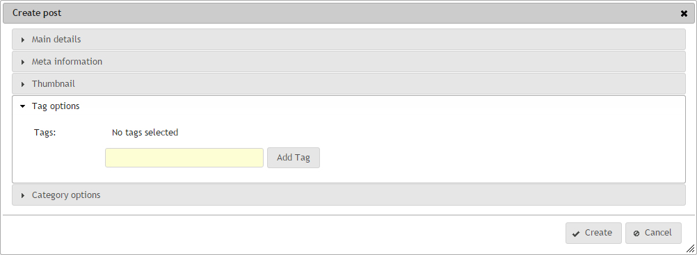 Blog post create edit dialog tag options