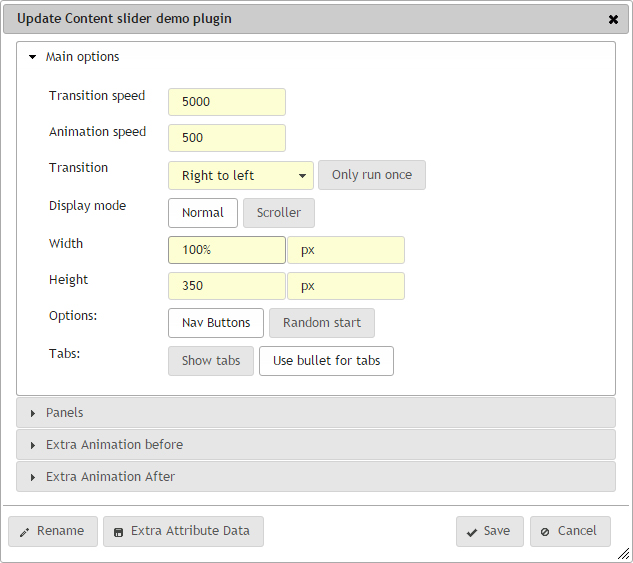 Content slider plugin update dialog main options