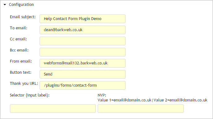 Contact form update dialog configuration section