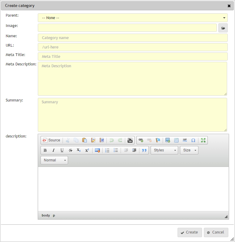 Blog categories create edit dialog